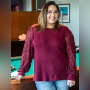 NWT HONEYME Ribbed Dark Burgundy Top/Shirt w/ Sequin Sleeves~ XXXL